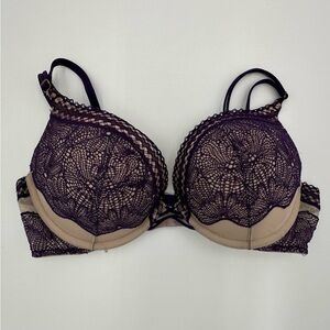 Victoria’s Secret Bombshell Plunge 36B Sexy Lace Purple and Cream Pushup Bra